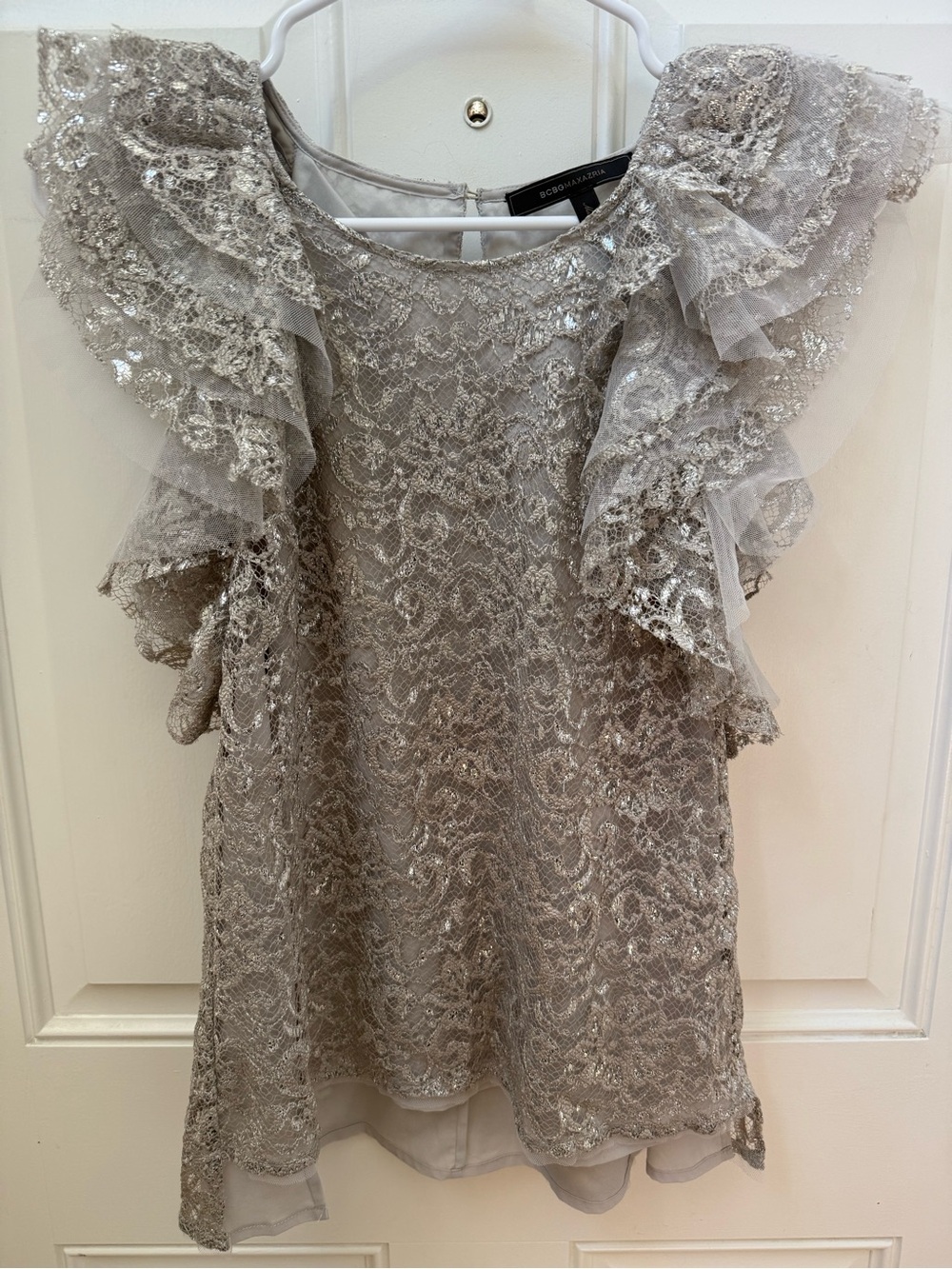 BCBGMaxAzria Silver Lace Ruffle Top